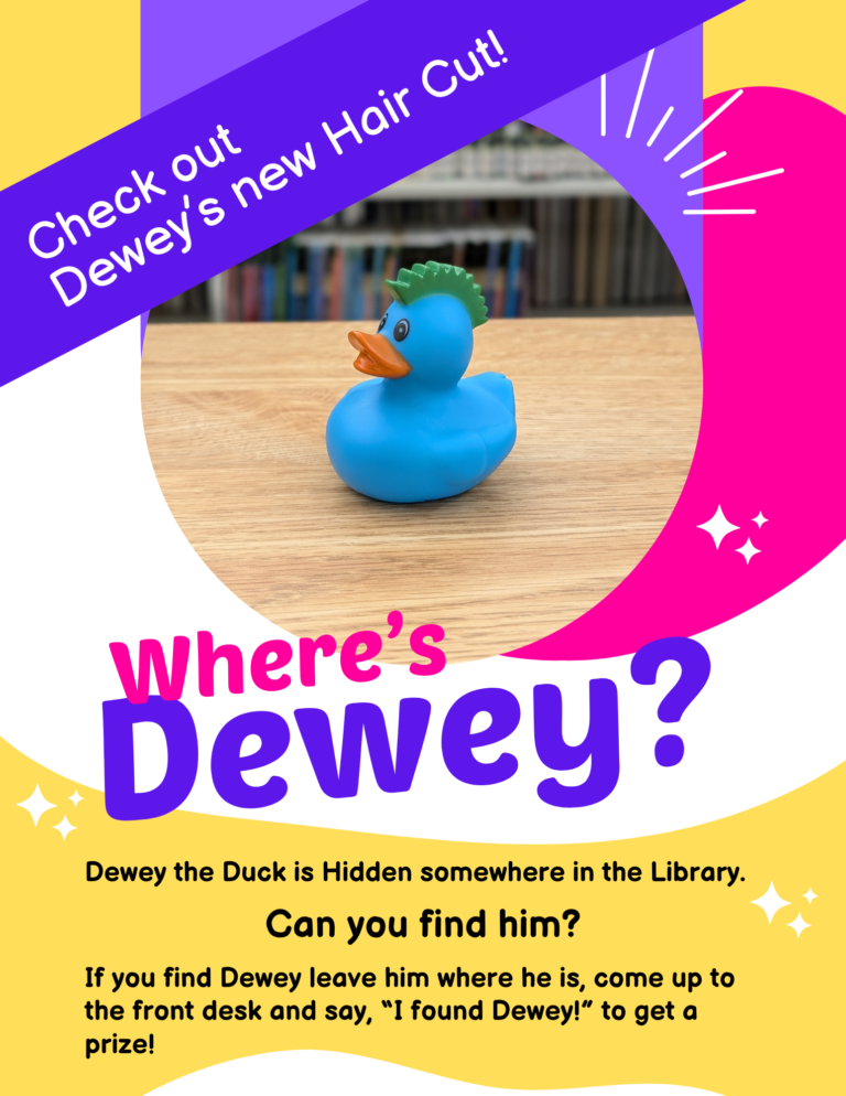 Blue duck toy with new hair, named Dewey, hidden in the library. Find Dewey to win a prize!