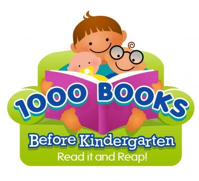 Kids reading a book with text: "1000 Books Before Kindergarten. Read it and Reap!"