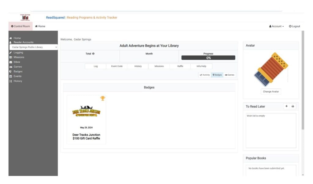 A library reading program dashboard showing progress, badges, and a raffle entry for a $100 gift card.