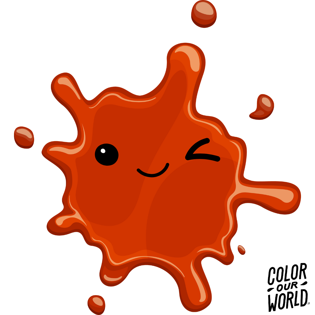 A cute, winking red splash cartoon with a smiley face and the text "Color Our World" in the corner.