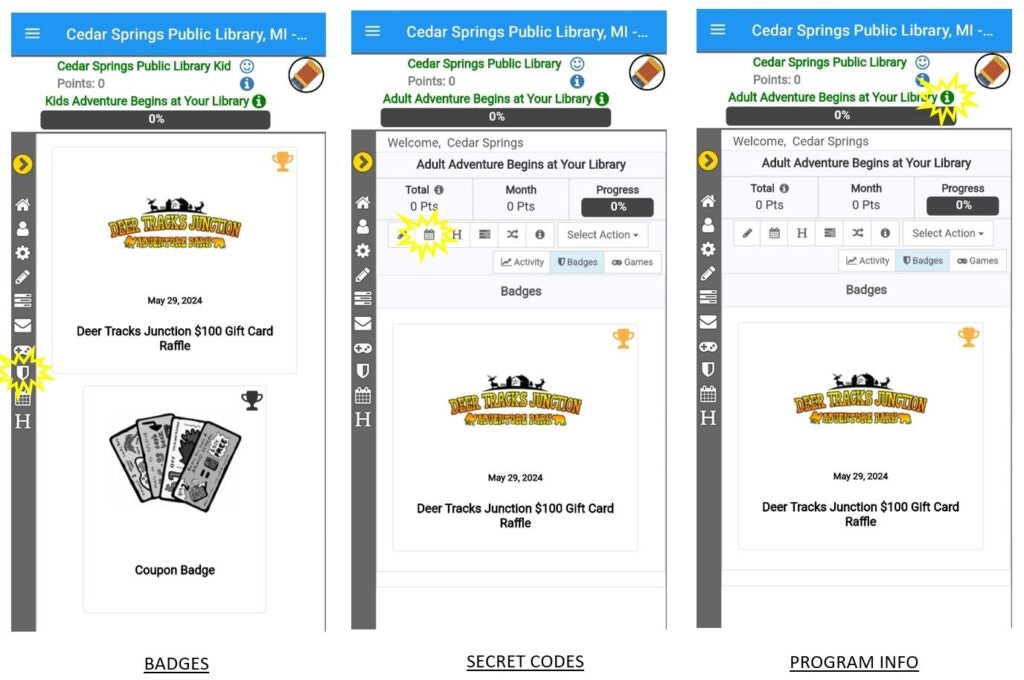 Library app interface showing badges, secret codes, and program info for a gift card raffle at Cedar Springs Public Library.