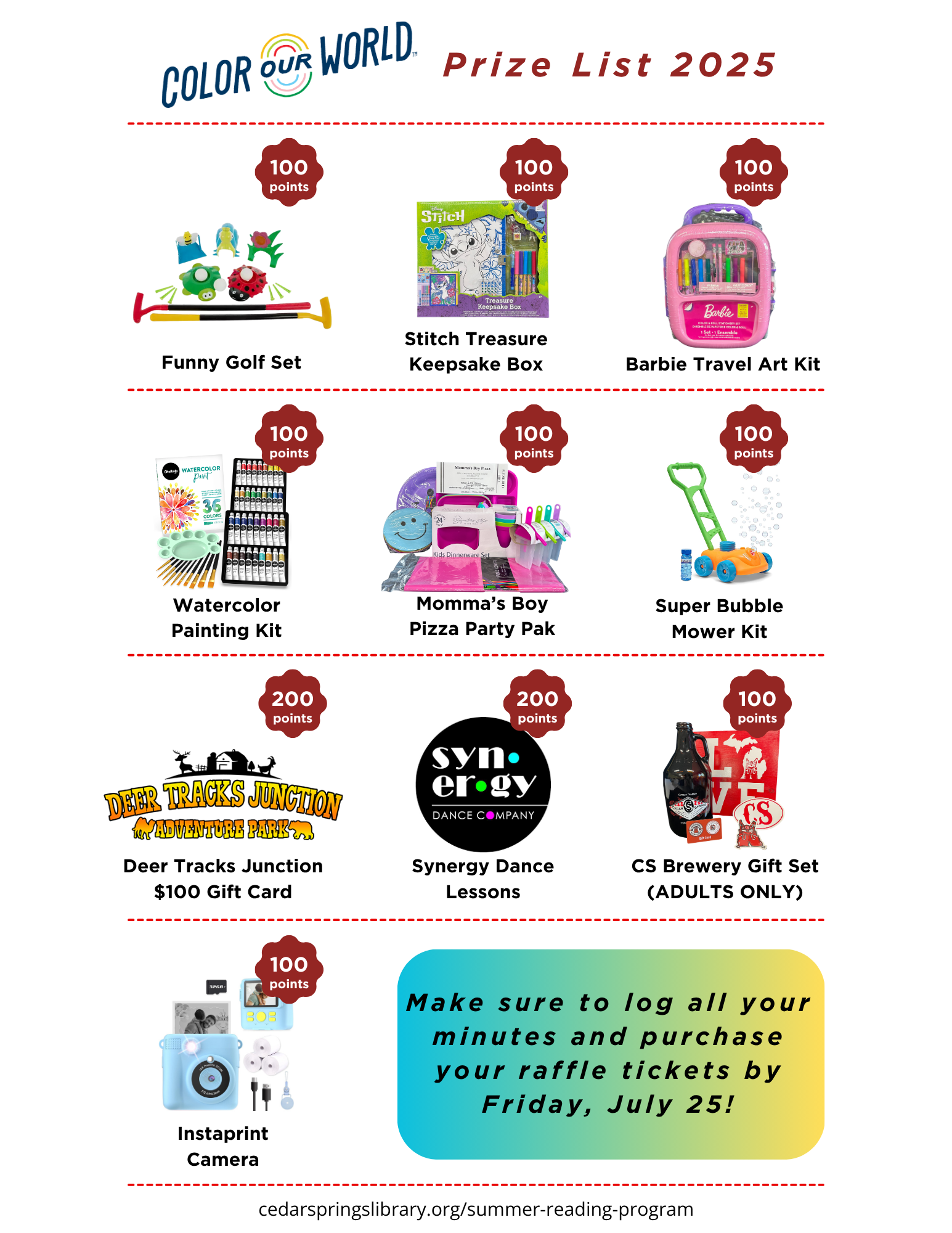 Prize list for "Color Our World" 2025 includes various kits, gift cards, and lessons, each worth 100-200 points.