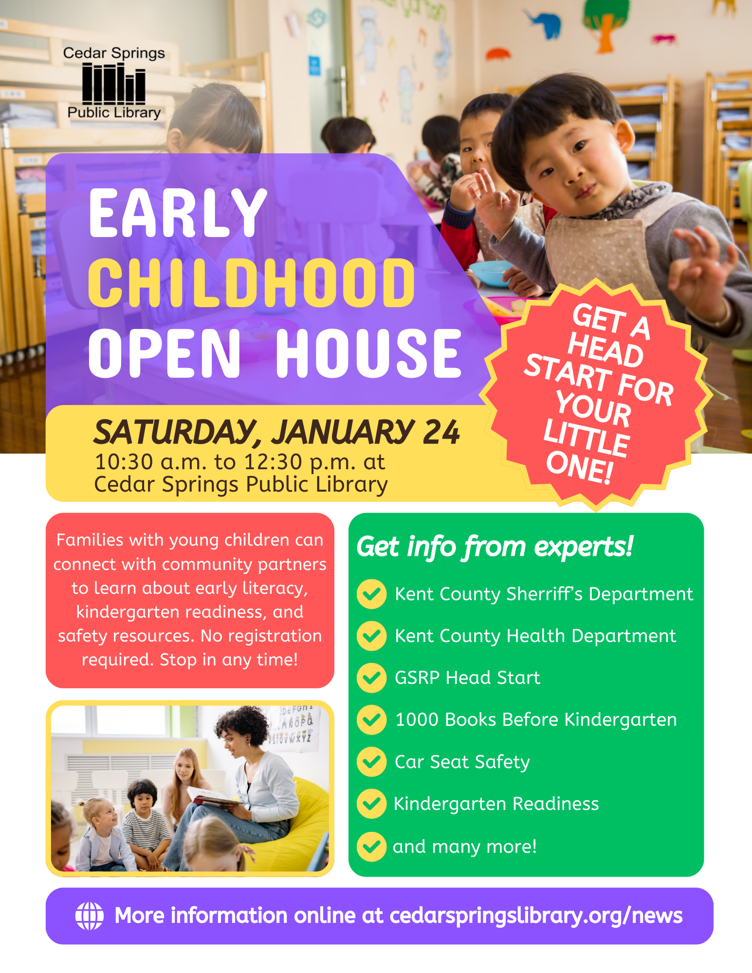 Join the Early Childhood Open House at Cedar Springs Public Library on January 24, 10:30 AM - 12:30 PM for family resources!