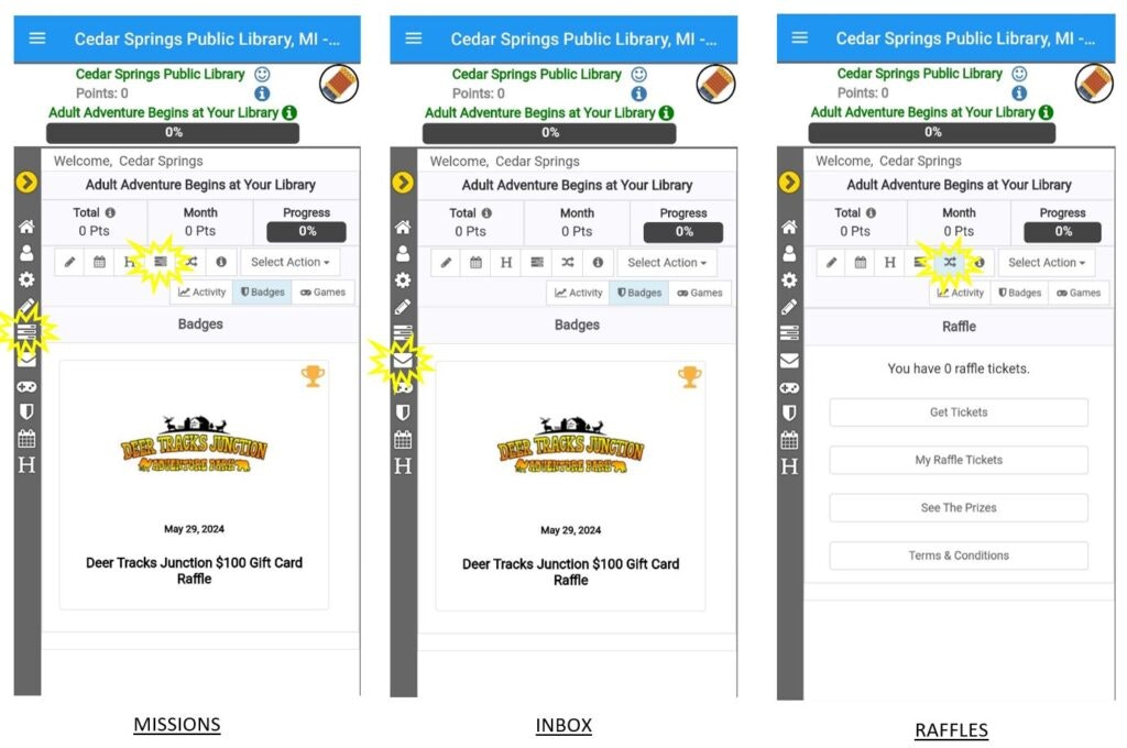 Library app interface showing missions, inbox, and raffles with points tracking.