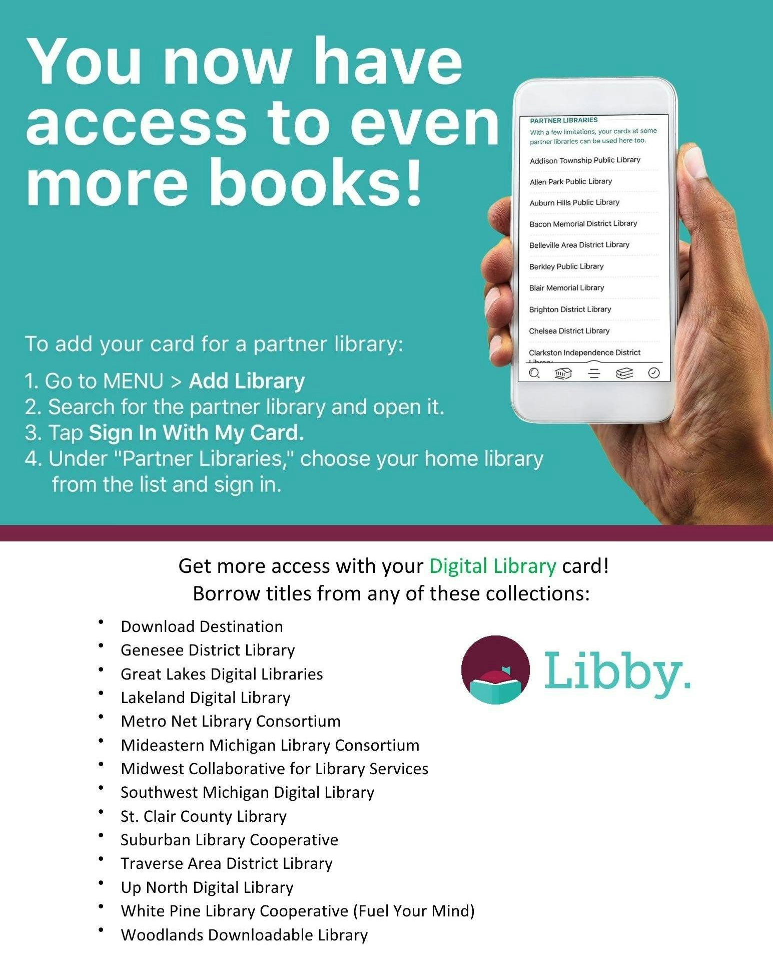 Access more books with your library card via Libby. Add partner libraries to expand your digital collection.