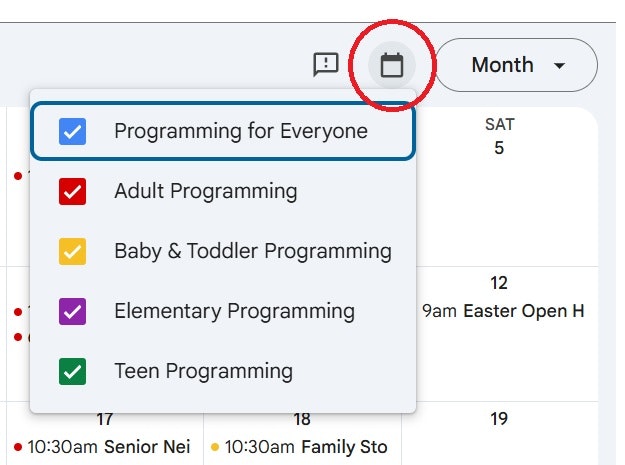 A calendar interface with a dropdown menu showing programming categories: Everyone, Adult, Baby & Toddler, Elementary, and Teen.