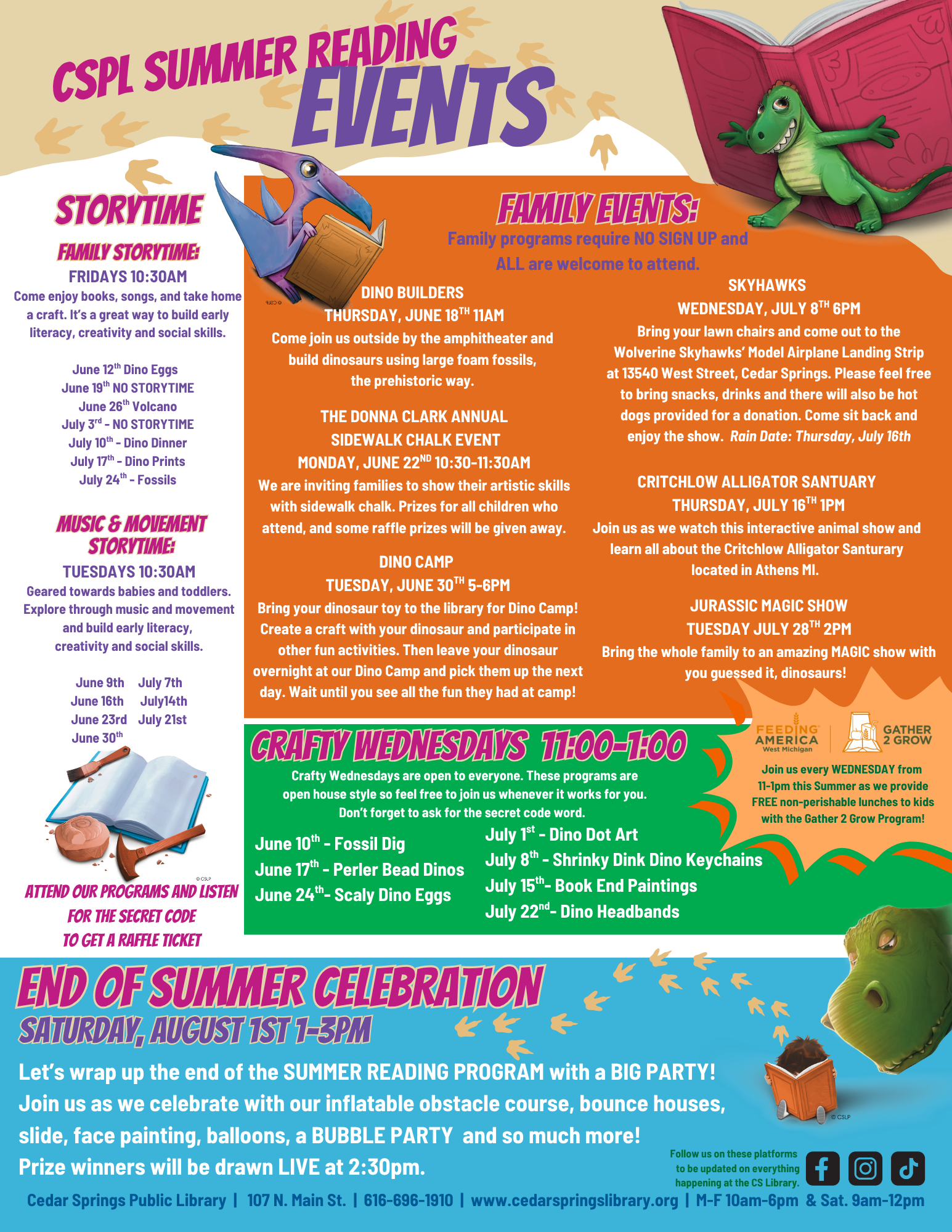 CSPL Summer Reading Events: Storytime, crafts, dino camp, and a celebration party on August 1st. All welcome!