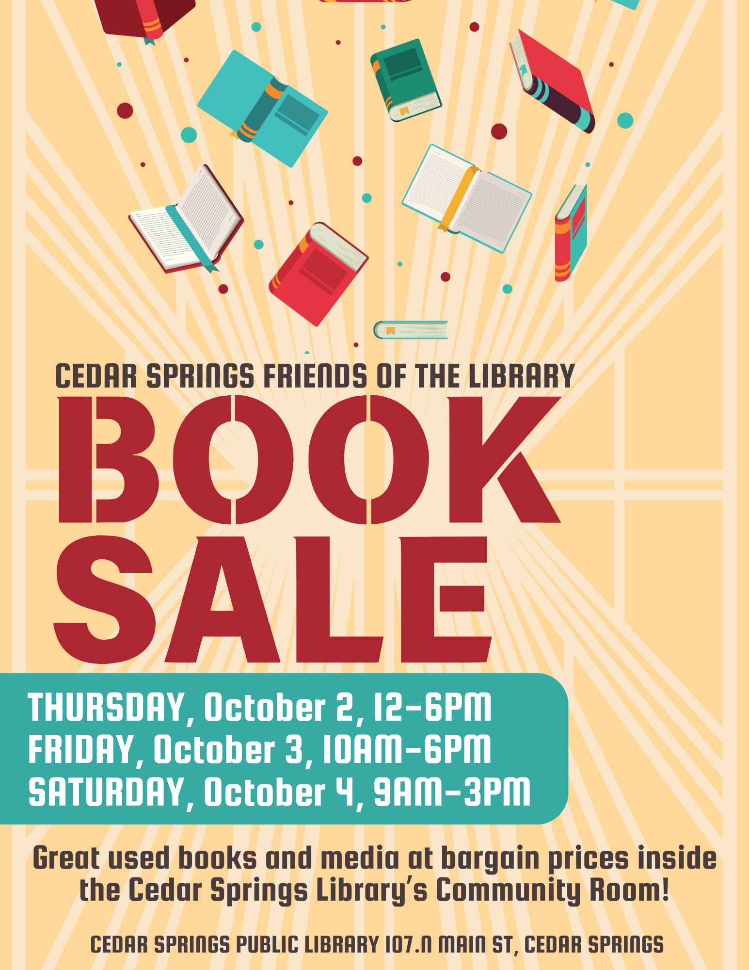 Cedar Springs Friends of the Library Book Sale on October 2-4, with great used books at bargain prices.