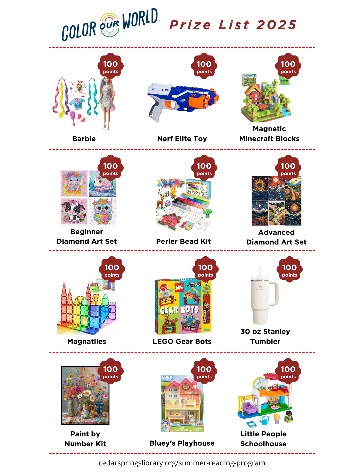 Prize list with toys and kits for 100 points each: Barbie, Nerf, Minecraft blocks, art sets, Perler Kit, Magnatiles, LEGO, tumbler, and play sets.