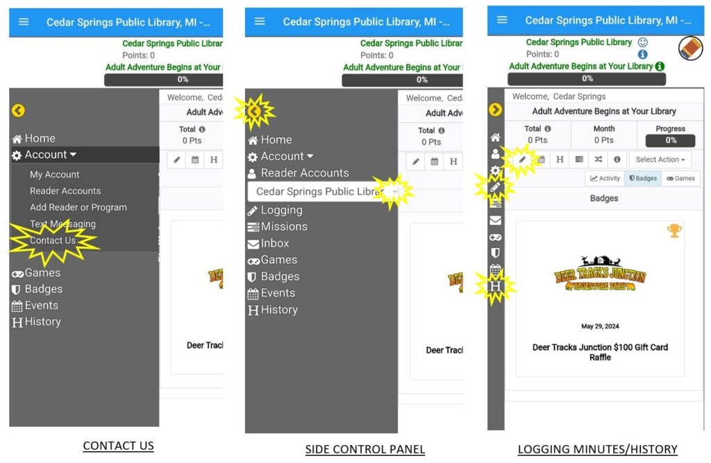 Screenshots of the Cedar Springs Public Library app interface, showing menu options and logging features.
