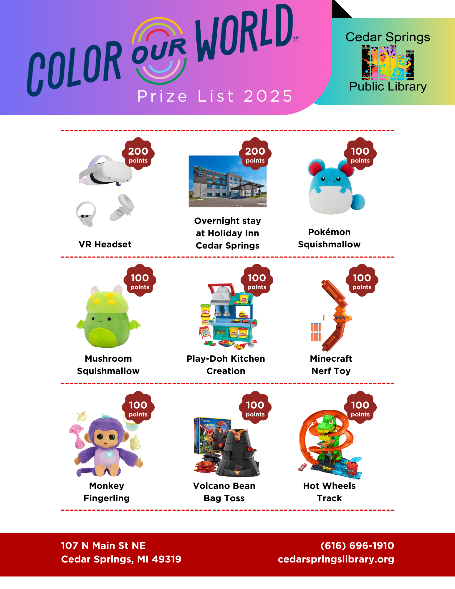 "Color Our World" Prize List 2025: VR headset, Holiday Inn stay, Squishmallows, toys. Cedar Springs Public Library.