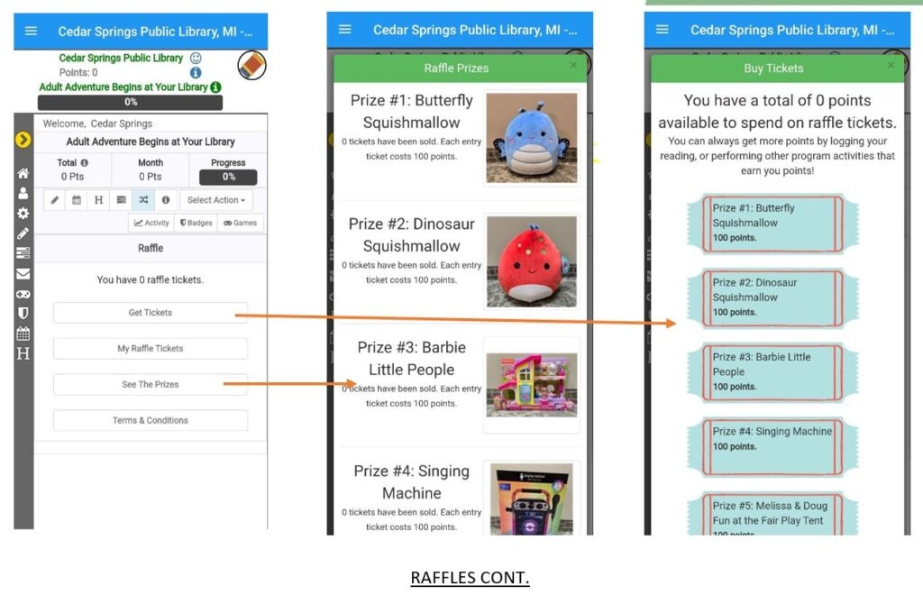 Raffle dashboard with prizes: Butterfly and Dinosaur Squishmallows, Barbie set, Singing Machine. Tickets cost 100 points each. No points available.