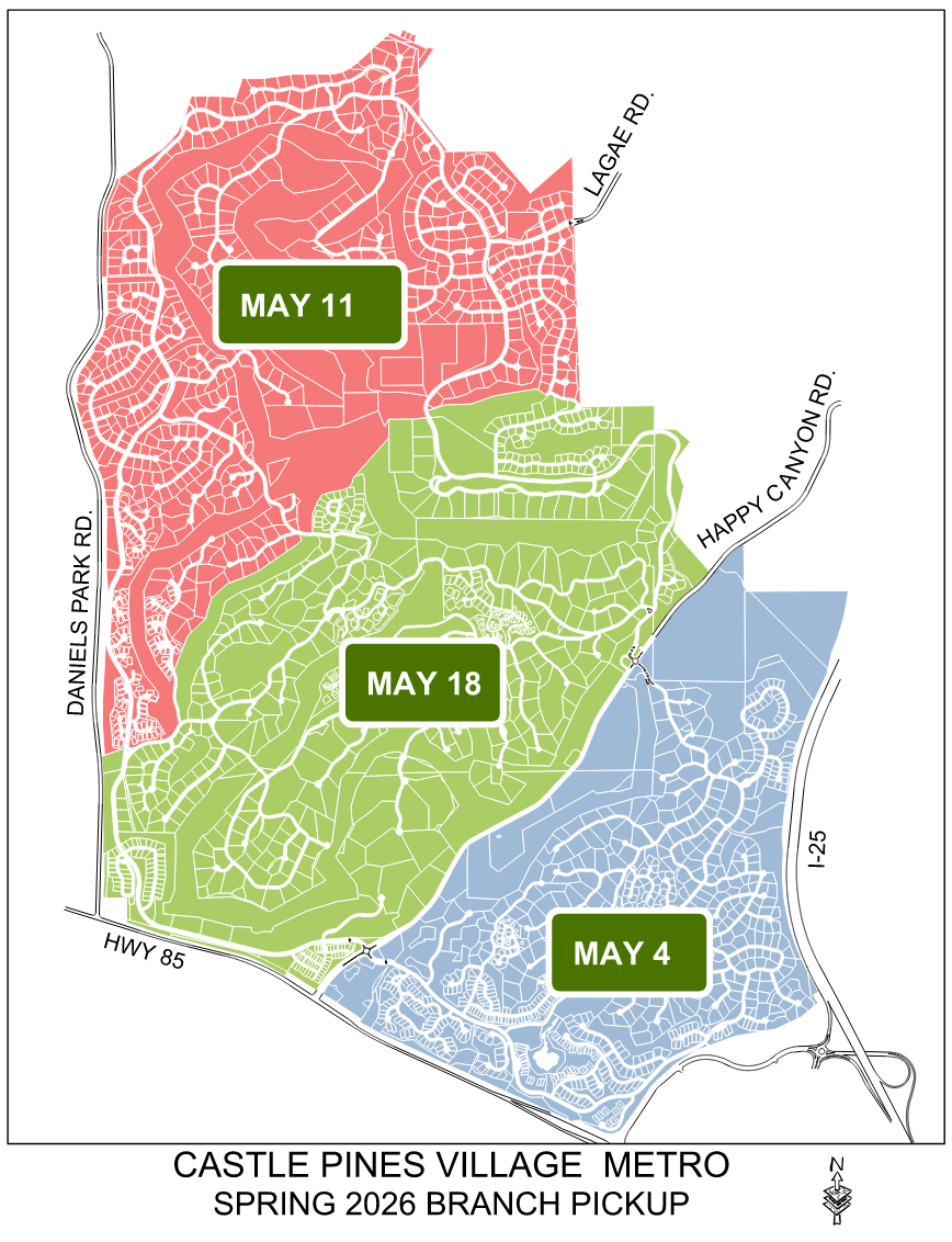 Map showing branch pickup dates in Castle Pines Village: May 4 (south section of The Village), May 11 (north and northwest section of The Village), and May 18 (center section of The Village).