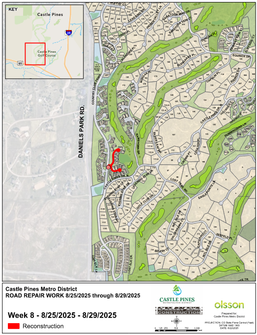 Map of Castle Pines showing road repair work on Daniels Park Rd. Scheduled for reconstruction between 8/25/2025 - 8/29/2025. Affected roadways include: Country Club Parkway.