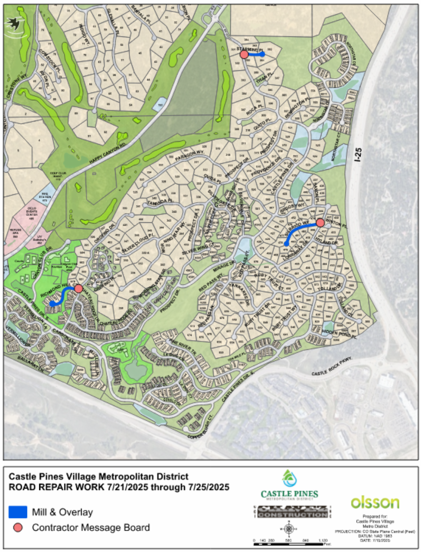 Map of Castle Pines Village showing road repair work from 7/21/2025 to 7/25/2025. Blue indicates "Mill & Overlay," red circles for messages. Roadwork includes: Silbrico Way, Starmine Place, and Richmond Hill Court.