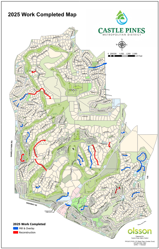 Map of Castle Pines showing 2025 completed work, with marked areas for Mill & Overlay (blue) and Reconstruction (red).