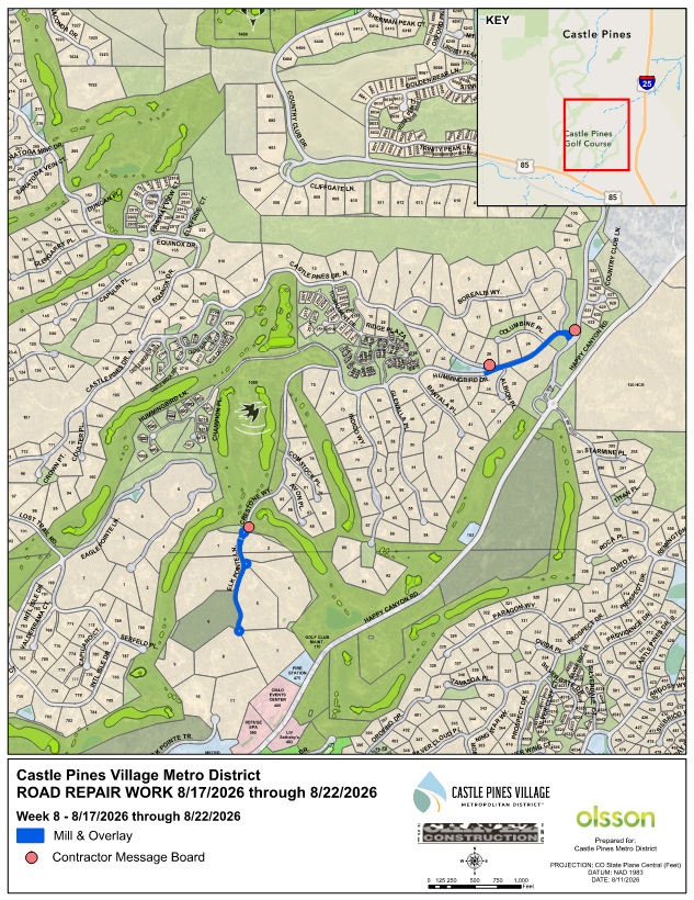 Map detailing road repair work in Castle Pines Village Metro District from 8/17/2026 to 8/22/2026, highlighting work zones. Affected roadways include Castle Pines Drive North (near Gate 1) and Elk Pointe Lane.