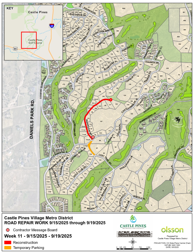 Map of Castle Pines Village showing road repair locations and temporary parking for September 15-19, 2025. Affected roadways include Silver Leaf Way.