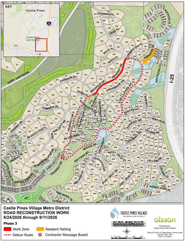 Map of Castle Pines Village showing road reconstruction work, detour routes, and resident parking from 8/24/2026 to 9/11/2026.