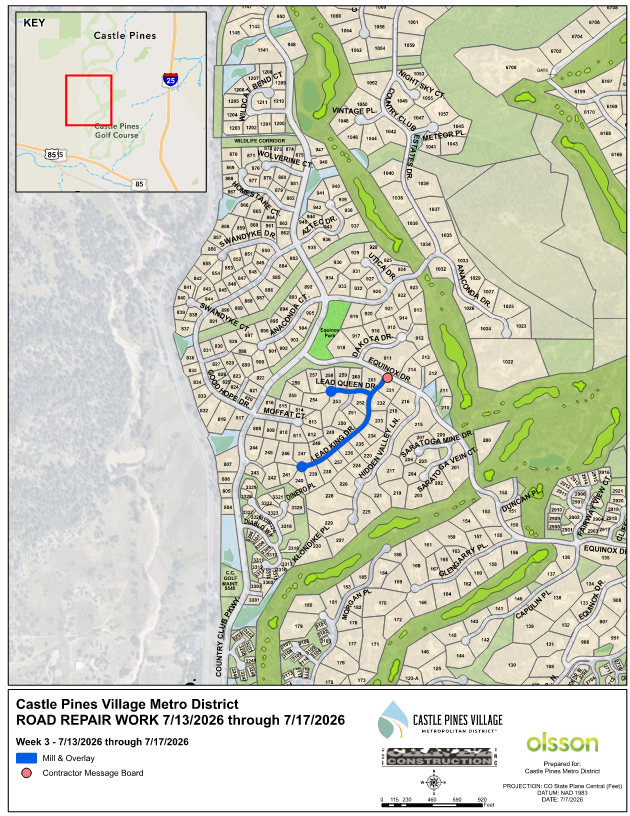 Map of Castle Pines Village showing road repair work scheduled from July 13 to July 17, 2026. Scheduled roadway work includes Lead Queen and Lead King.