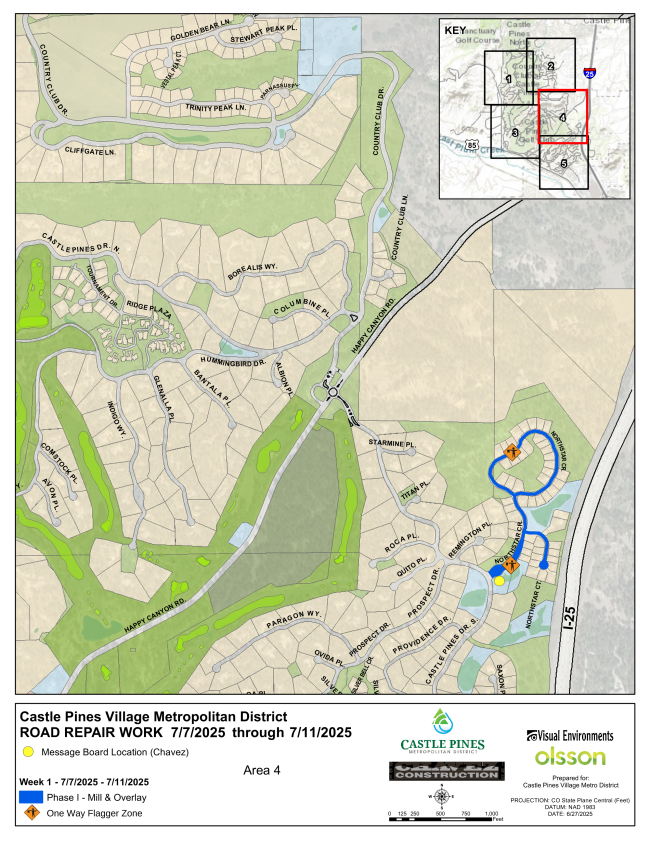 Map of Castle Pines Village showing road repair zones from 7/7/2025 to 7/11/2025, including overlays and message board locations.