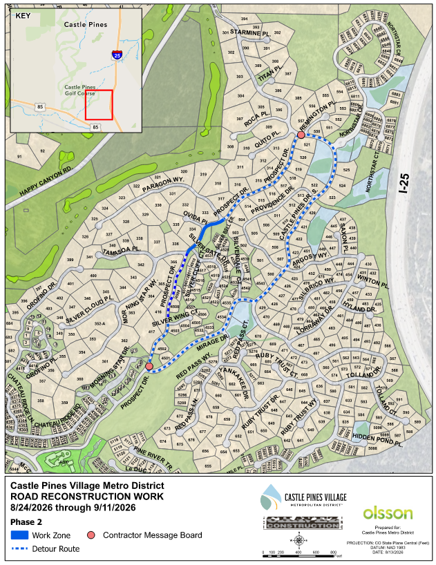 A map showing road reconstruction work in Castle Pines Village from 8/24/2026 to 9/11/2026, highlighting work zones and detour routes.
