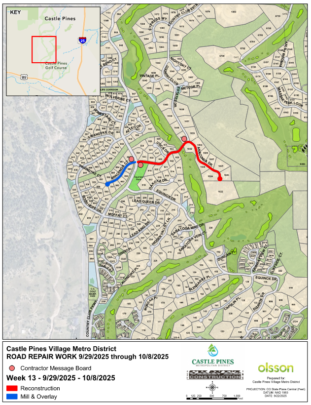 Map of Castle Pines Village showing road repair zones with planned reconstruction (red) and mill & overlay (blue) from 9/29/2025 to 10/8/2025. Affected roadways include Anaconda Drive and Anaconda Court.