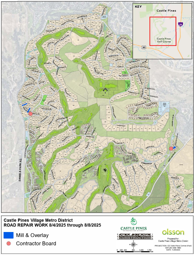 Map of Castle Pines Village showing areas for road repair work (Mill & Overlay) from 8/4/2025 to 8/8/2025. Work includes: Good Hope Drive and Country Club Lane.