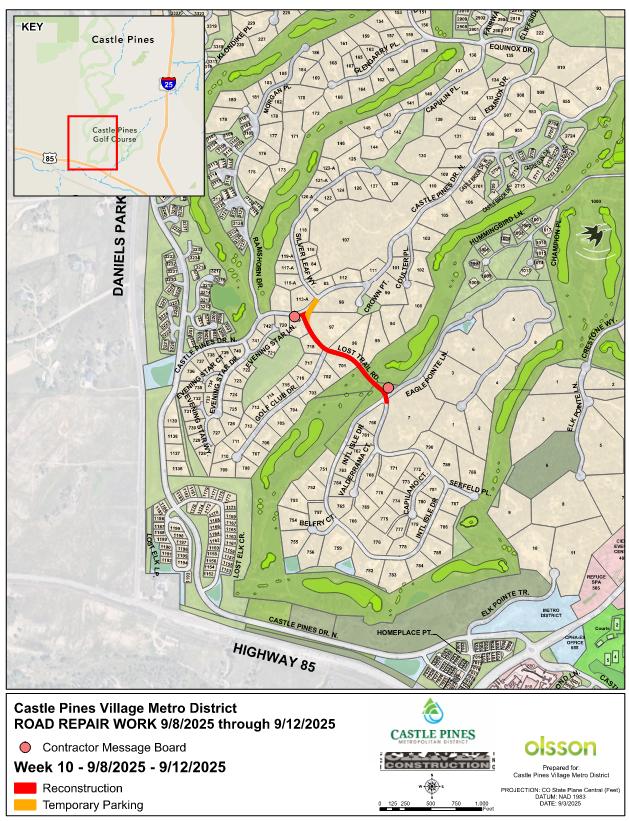 Map showing road repair work in Castle Pines Village Metro District from 9/8/2025 to 9/12/2025, highlighting reconstruction areas.