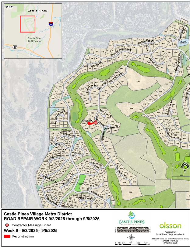 Map of Castle Pines Village showing road repair from 9/2/2025 to 9/5/2025. Areas marked for reconstruction. Roadway work this week includes: Vintage Place.