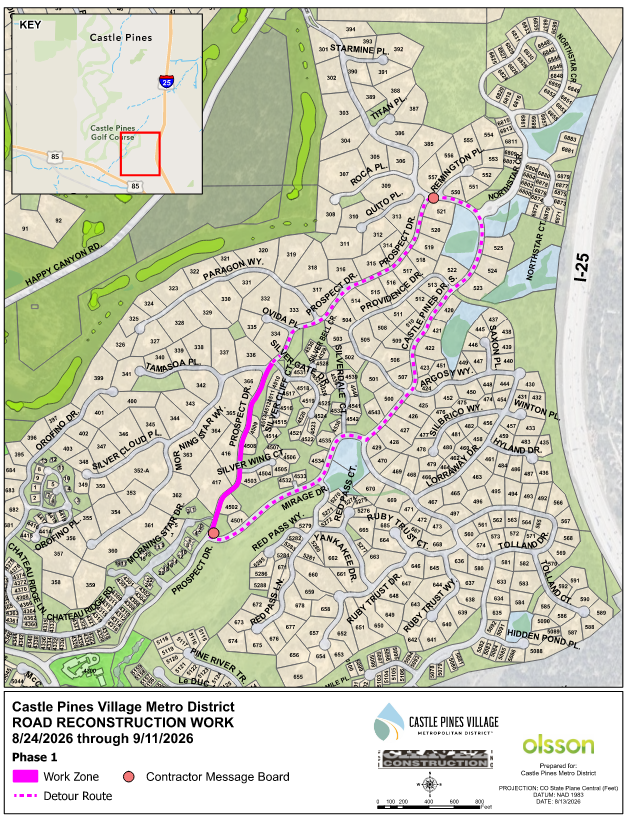 The image shows a map of Castle Pines Village detailing road reconstruction work and detour routes from 8/24/2026 to 9/11/2026.