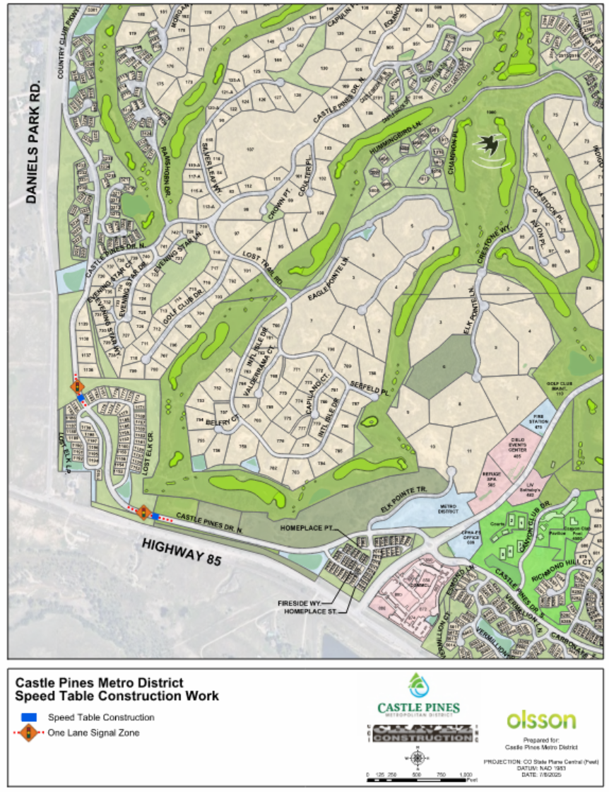 Map of Castle Pines Metro District showing speed table construction zones and one-lane signal areas (near Prato sub-association).