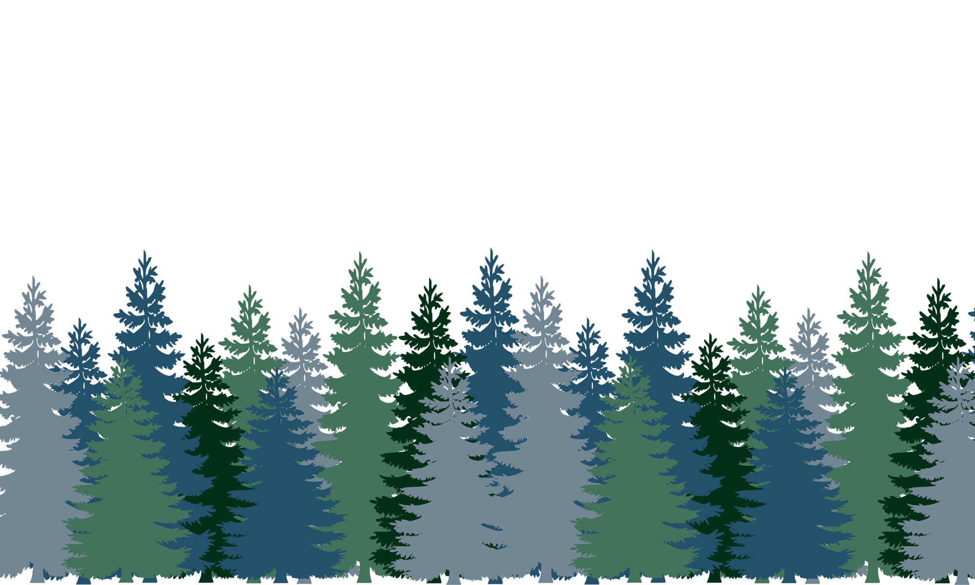 Silhouettes of various evergreen trees, mostly in shades of blue and green, against a black background.