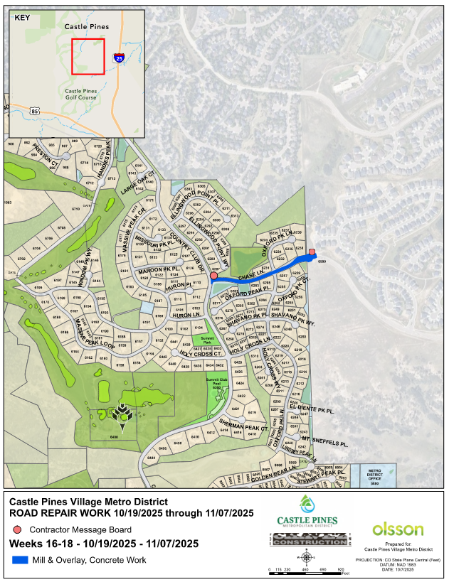 Map of Castle Pines, highlighting road repair (Mill & Overlay, Concrete Work) from 10/19/2025 to 11/07/2025 on Chase Ln.