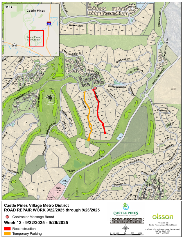 Map of Castle Pines Village shows upcoming road repair locations from 9/22/2025 to 9/26/2025 with marked areas for reconstruction. Affected roadways include Glenalla Place.