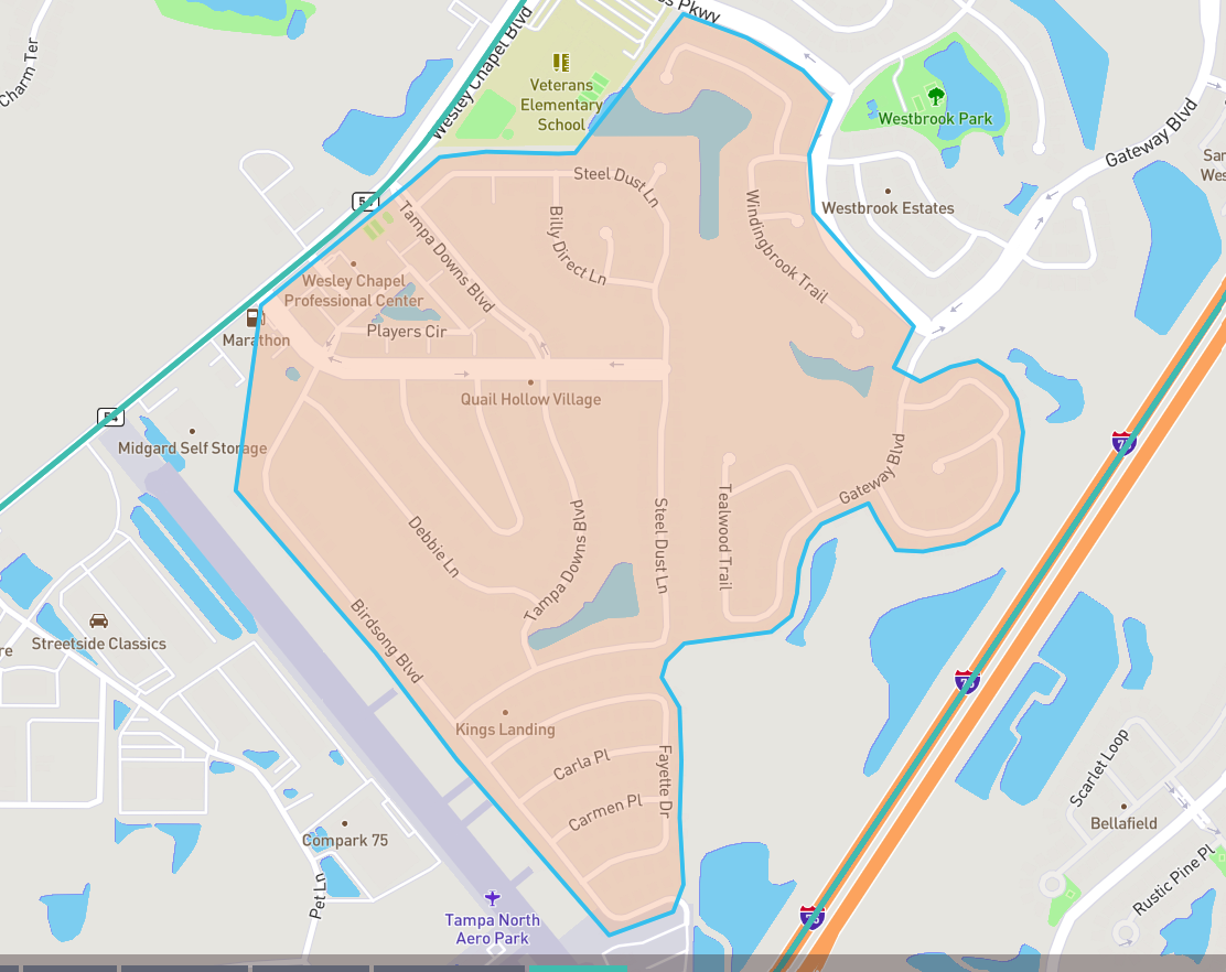 The image shows a map of a neighborhood in Wesley Chapel, Florida, with roads, parks, and nearby facilities marked.