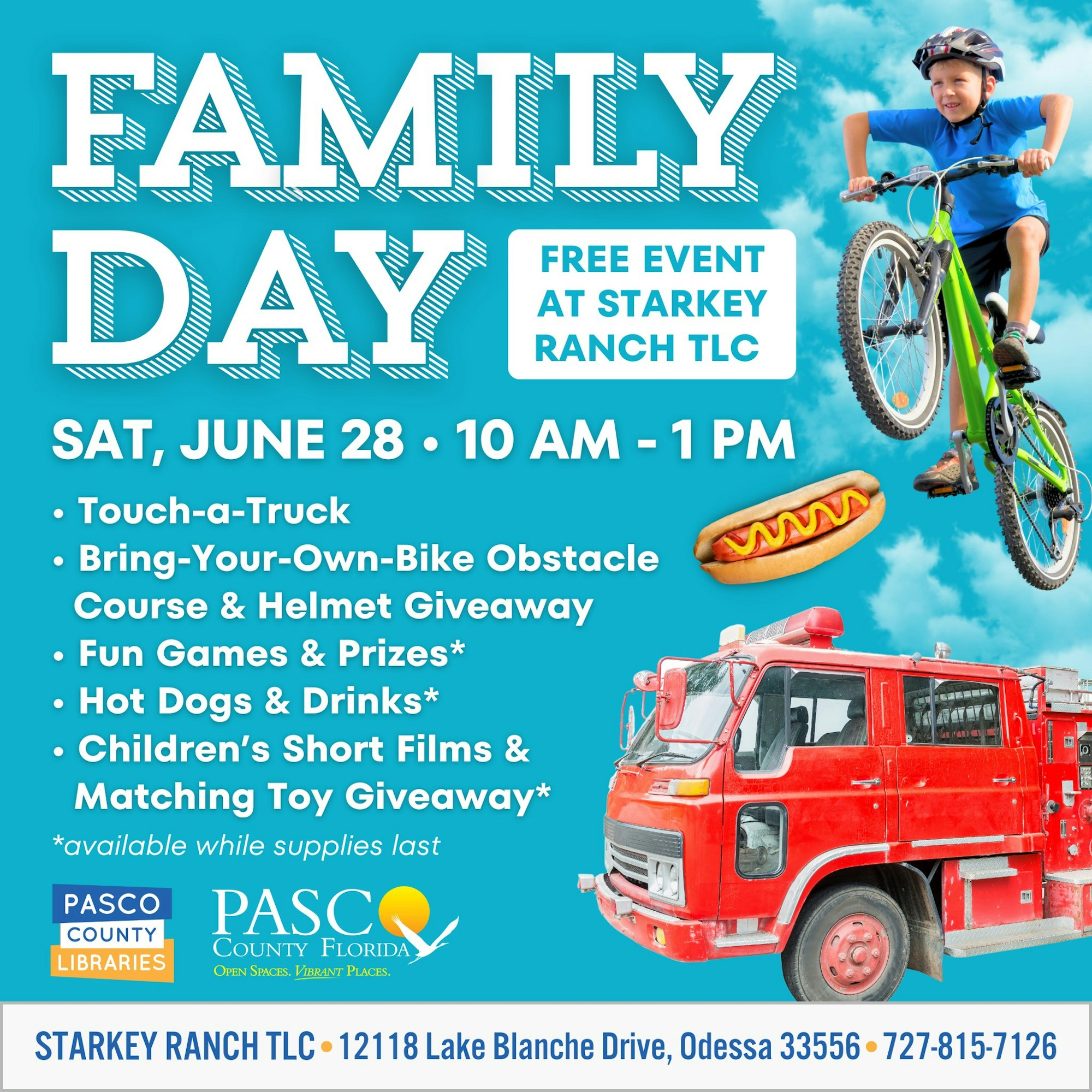 Family Day event ad with activities like Touch-a-Truck, bike course, games, and more. June 28, 10 AM-1 PM at Starkey Ranch TLC.