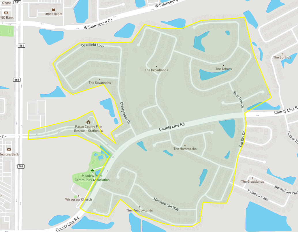 A map highlighting residential areas, including The Savannahs, The Hammocks, and a fire station in Pasco County.