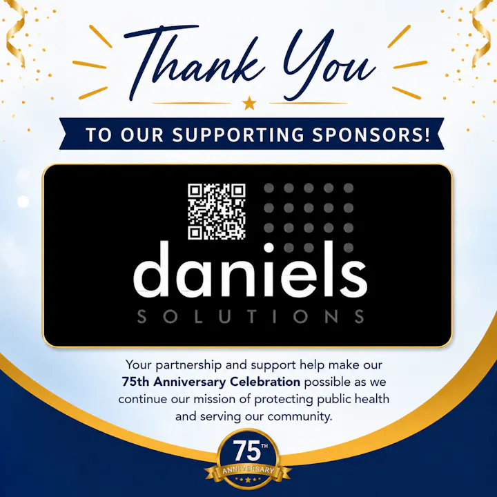 A thank you message to sponsors, highlighting Daniels Solutions for their support in a 75th anniversary celebration.