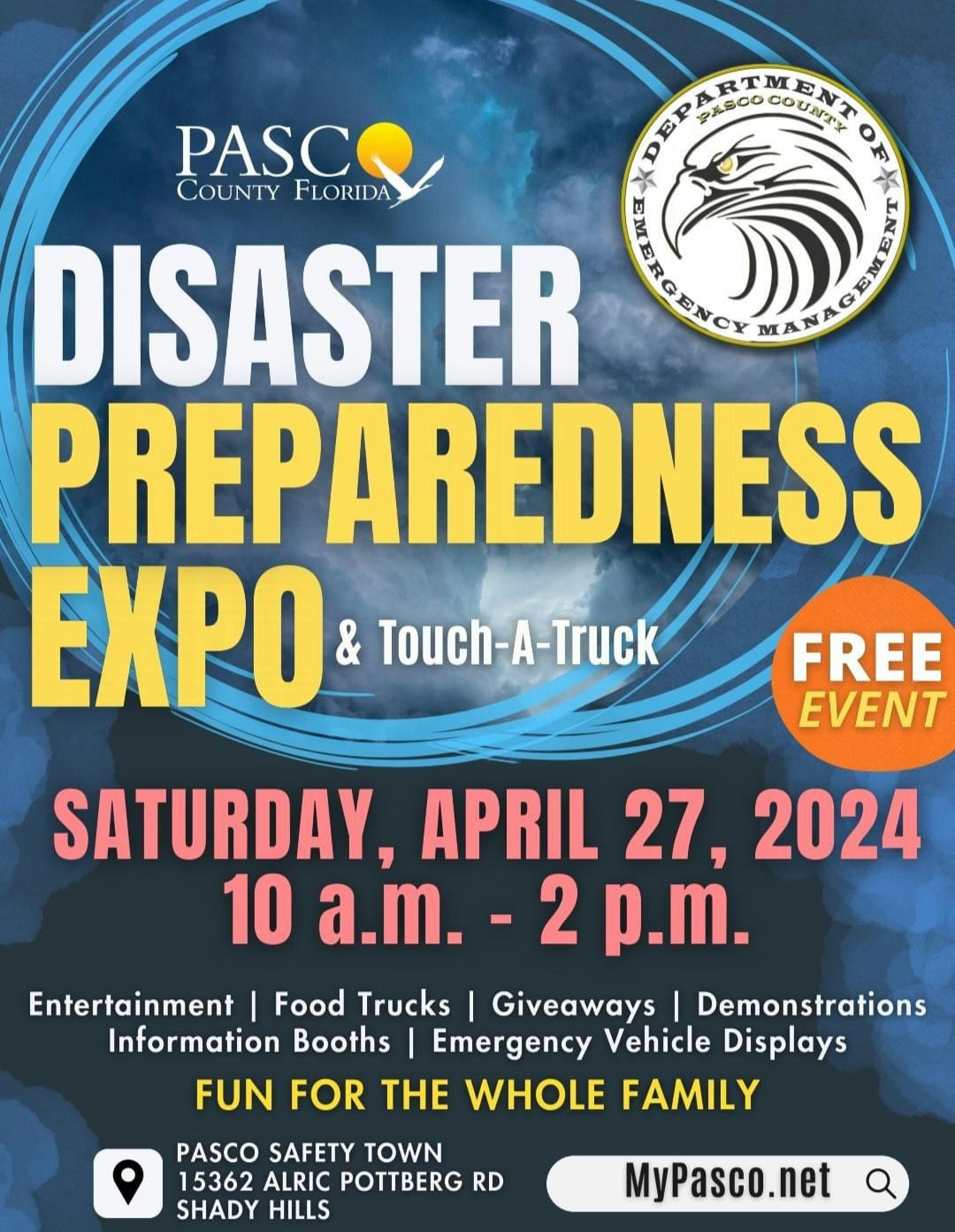 Disaster Preparedness Expo flyer for Pasco County, Florida on Apr 27, 2024, with entertainment, food trucks, and emergency displays.