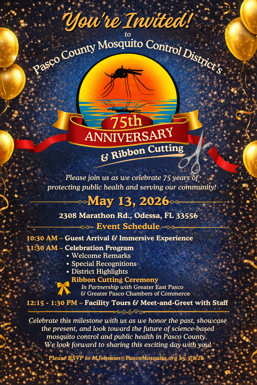 Invitation to the Pasco County Mosquito Control 75th Anniversary on May 13, 2026, featuring a celebration program and ribbon cutting.