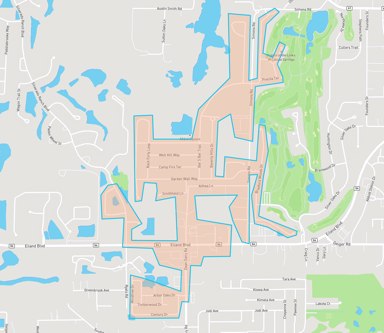 A detailed map showing streets and water features in a residential area, highlighting Eiland Blvd and nearby roads.
