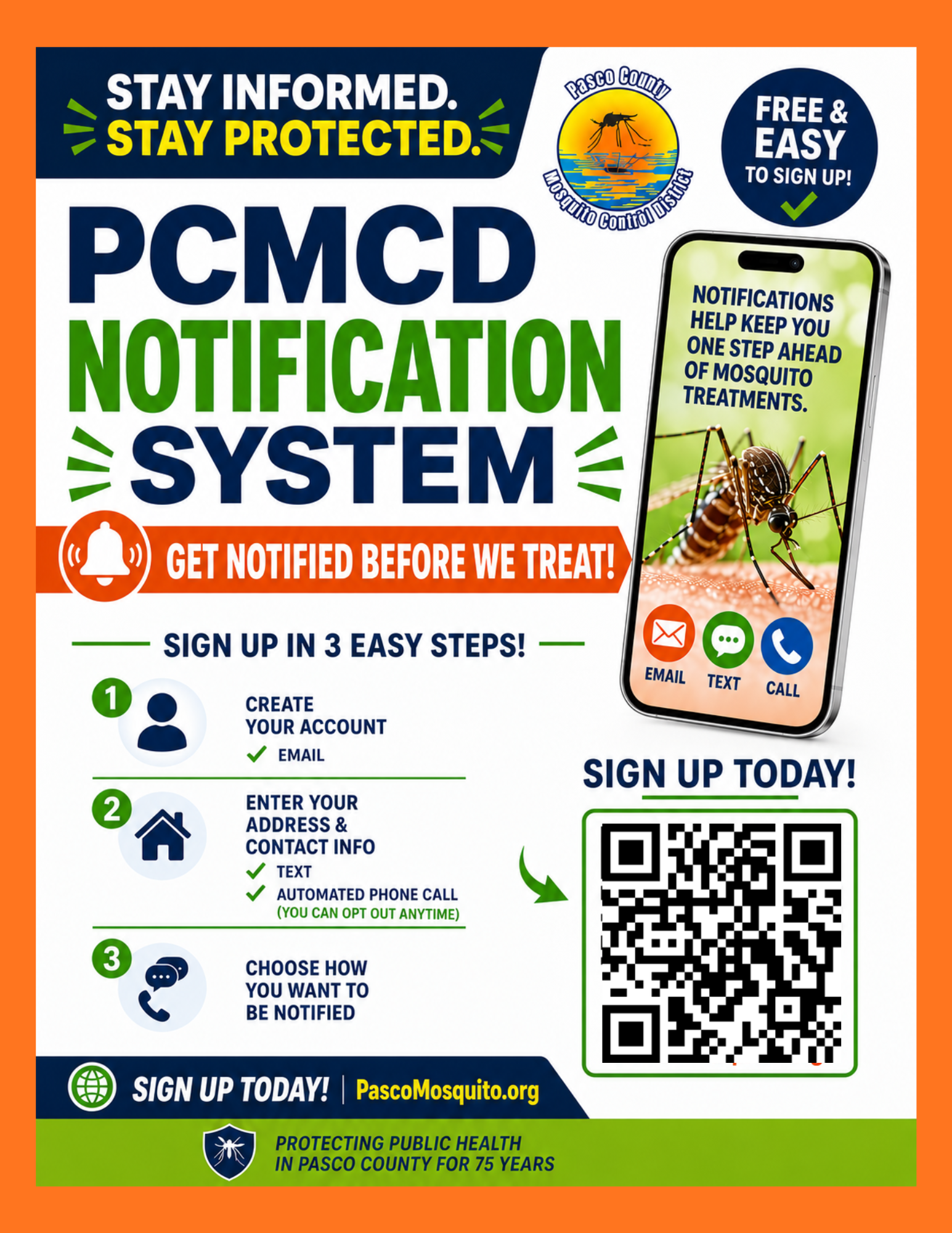 The image promotes a mosquito control notification system in Pasco County, detailing how to sign up through three simple steps.