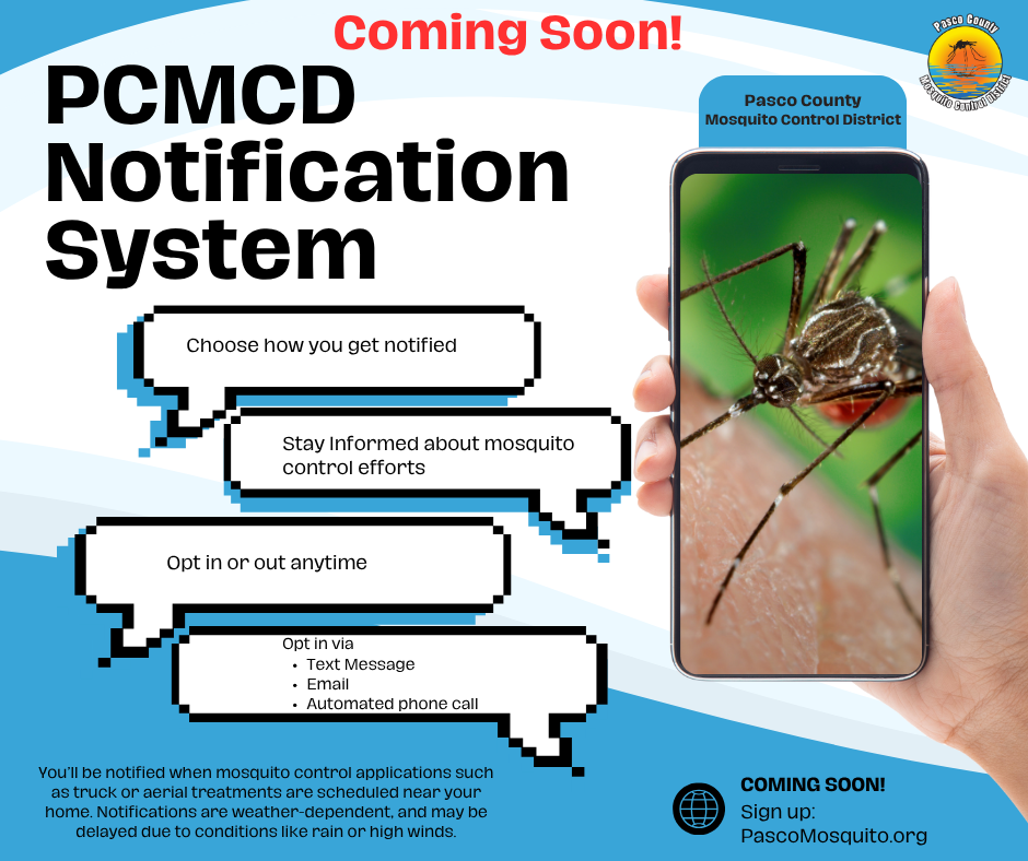 Coming soon: PCMCD Notification System for mosquito control updates. Opt in via text, email, or calls; stay informed.