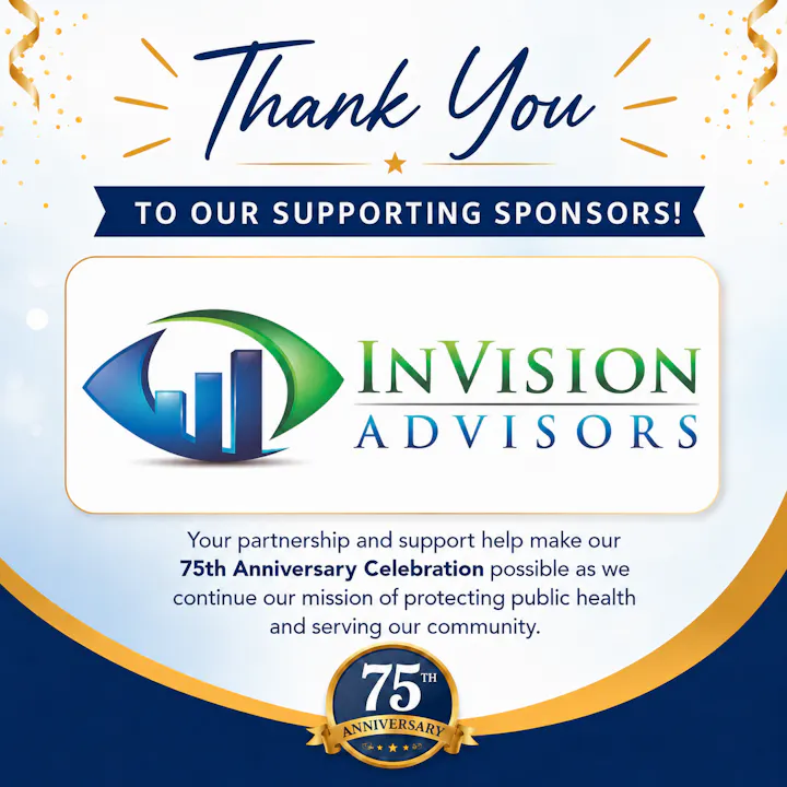 The image expresses gratitude to sponsoring partners for supporting a 75th anniversary celebration focused on public health.