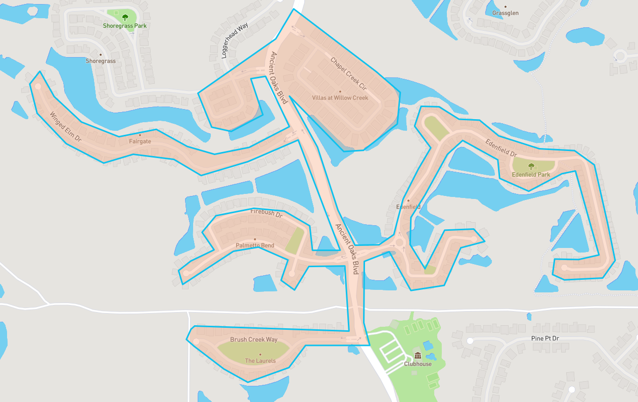 The image shows a detailed map highlighting streets and water features in a residential area, including parks and a clubhouse.