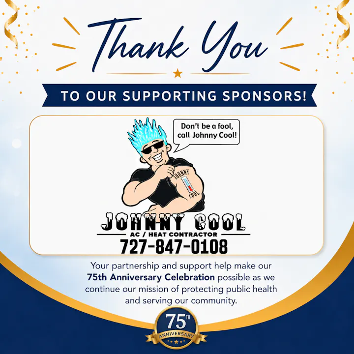 A thank you message to sponsors for a 75th anniversary event, featuring Johnny Cool AC/Heat contractor's logo and contact info.