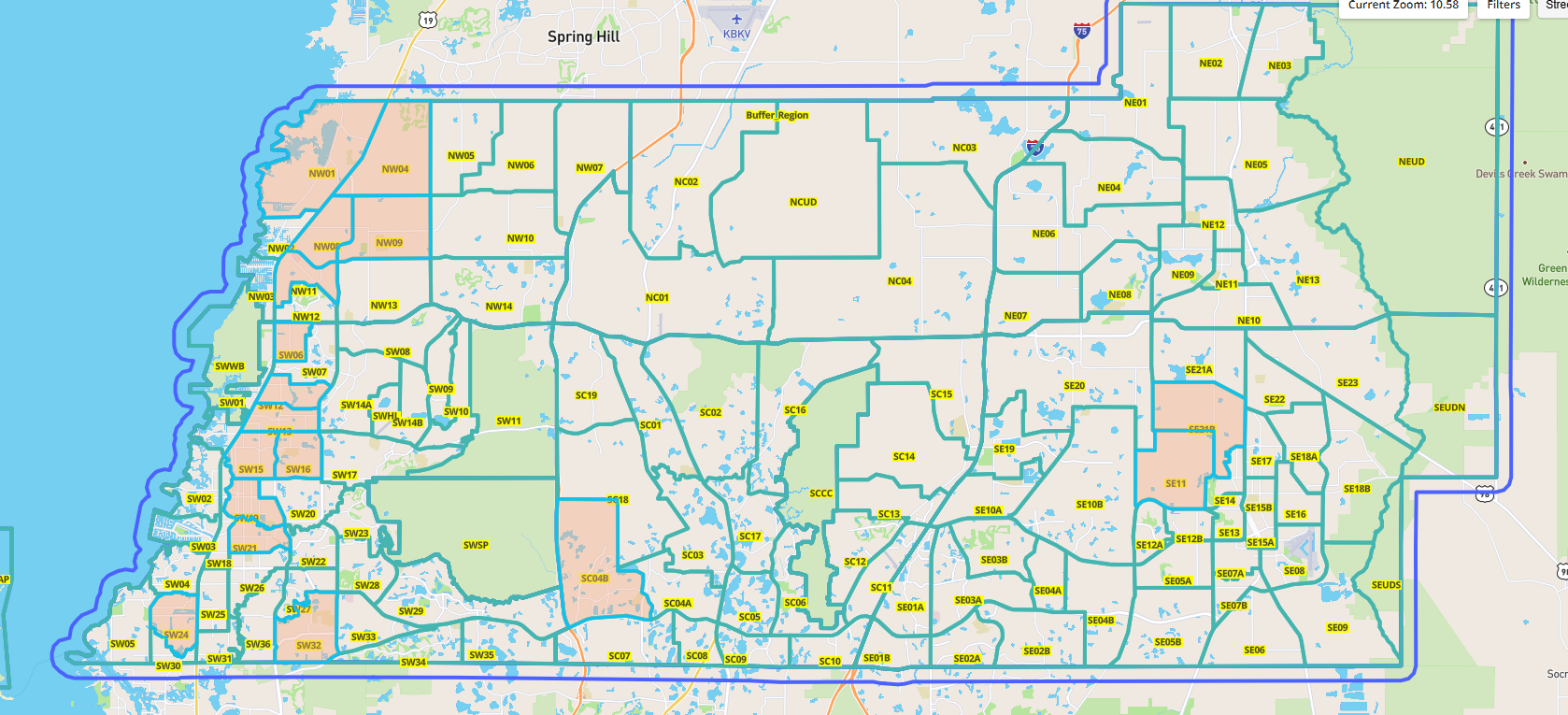 The image is a map showing various regions and labeled areas, likely for administrative or zoning purposes.