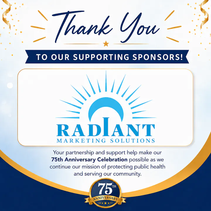 A thank you message to sponsors for supporting a 75th anniversary celebration, highlighting community service and health protection.