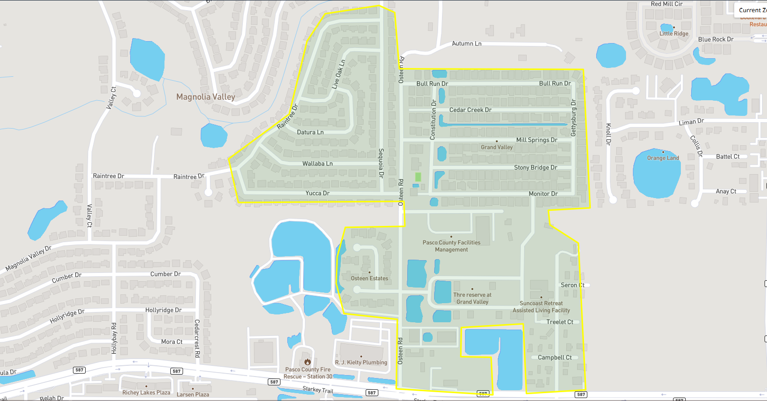 The image shows a map highlighting residential areas with streets, neighborhoods, and nearby water features.